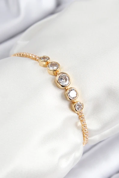 Pirinç Zirkon Taşlı Sıralı Daire Model Gold Renk Asansörlü Kadın Bileklik - TJ-BB7719