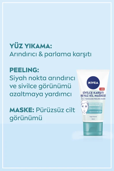 NIVEA Sivilce Karşıtı Beyaz Kil Maskesi 150 ml,Gözenekleri,Syah Noktaları Arındırır,Tüm Cilt Tipleri - 3