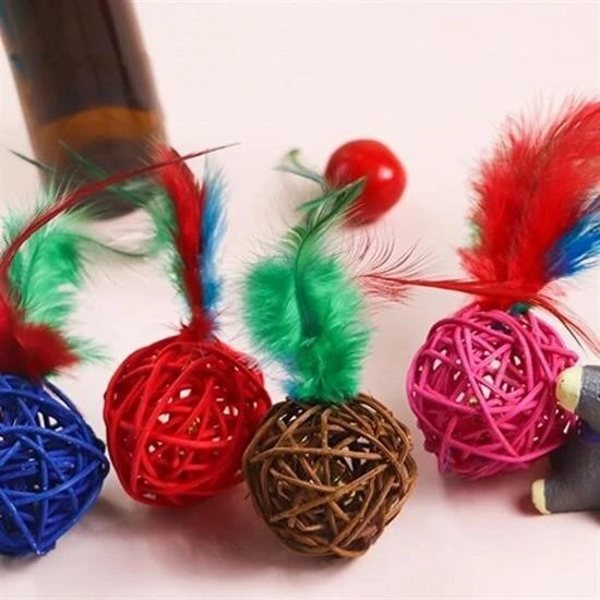 2li Rattan Renkli Peluş Tüy Kedi Köpek Oyuncak Yakalama Çiğneme Çıngıraklı Top Oyuncağı - Resim 4