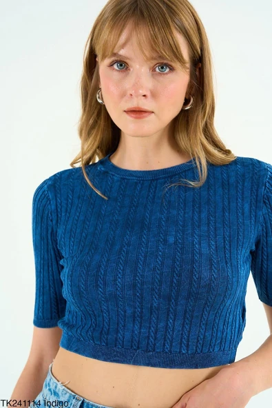 İZA CASUAL Saç Örgülü Kısa Kollu Kısa Kazak - 8