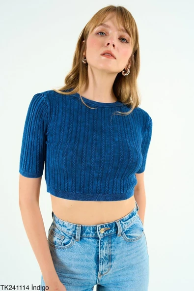 İZA CASUAL Saç Örgülü Kısa Kollu Kısa Kazak - 6