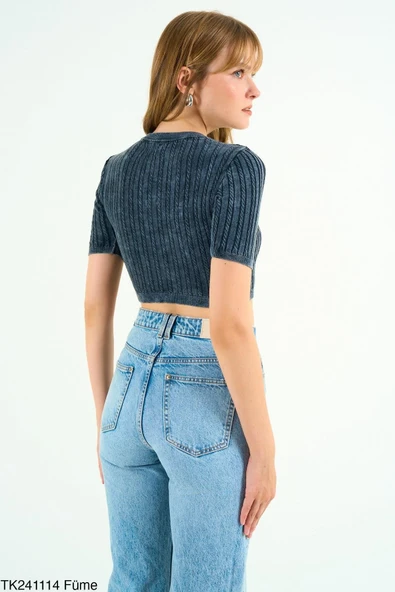 İZA CASUAL Saç Örgülü Kısa Kollu Kısa Kazak - 2