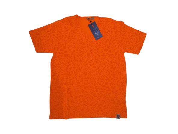 Turuncu Kamuflaj Desenli V Yaka T-Shirt - Resim 2