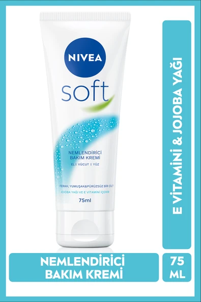 NIVEA Soft Nemlendirici Bakım Kremi 75ml, Jojoba Yağı, E Vitamini, El Yüz Vücut, Yumuşak Cilt,Canlandırıcı