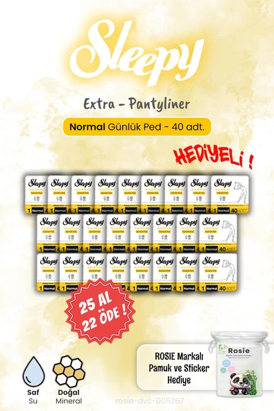 Sleepy 25 AL 22 ÖDE Extra 40'lı Günlük Ped Normal 40'lı ve Rosie Hediye ürün görseli