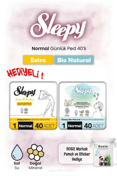 Sleepy Bio Natural ve Extra Günlük Ped Normal 40'lı ve Rosie hediye ürün görseli