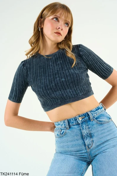 İZA CASUAL Saç Örgülü Kısa Kollu Kısa Kazak - 3