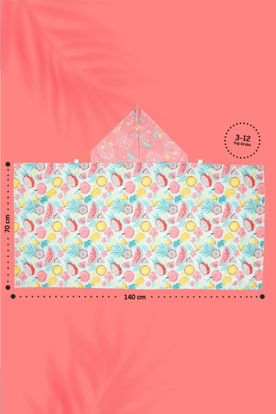 Kapşonlu Çocuk Plaj Havlusu Flower Fruit Somon Önü Cırtlı - Resim 2