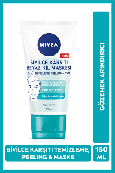 NIVEA Sivilce Karşıtı Beyaz Kil Maskesi 150 ml,Gözenekleri,Syah Noktaları Arındırır,Tüm Cilt Tipleri