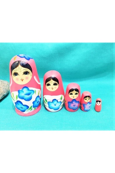 miski alem Sevgiliye Özel Günlere Hediye Dekoratif Süpriz Iç Içe Geçen Ahşap Pembe Matruşka Bebek 5'li
