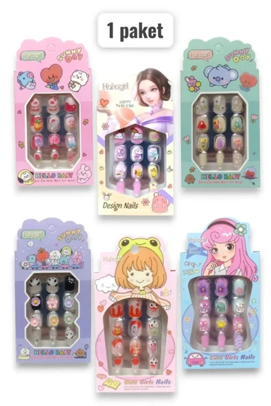 BURCU 1 Paket Karışık Yapışkanlı Kız Çocuk Desenli Karışık Renk 12'li Takma Tırnak 12 Adet