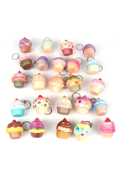 CT-TOYS (4 Adet) Renkli Anahtarlıklı Cupcake Squishy Ufak Boy Sukuşi Oyuncak - 2