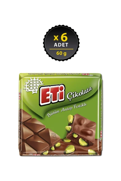 Eti Çikolata Antep Fıstıklı Kare 60 g x 6 Adet