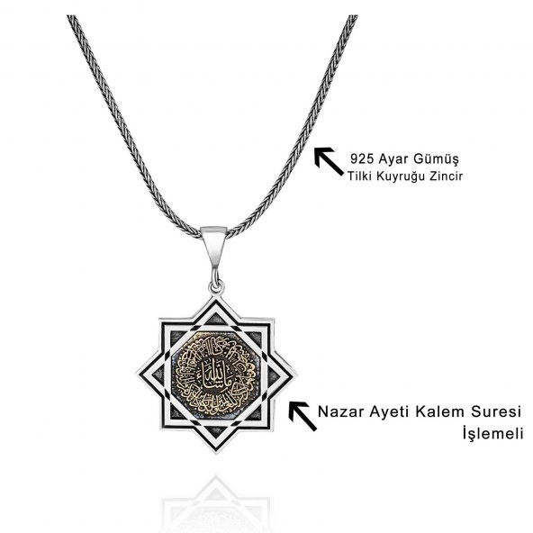 Nazar Ayeti Kalem Suresi 60 cm 925 Gümüş Kolye - Resim 2
