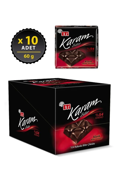 Eti Karam %54 Kakaolu Bitter Çikolata 60 g x 10 Adet - 2