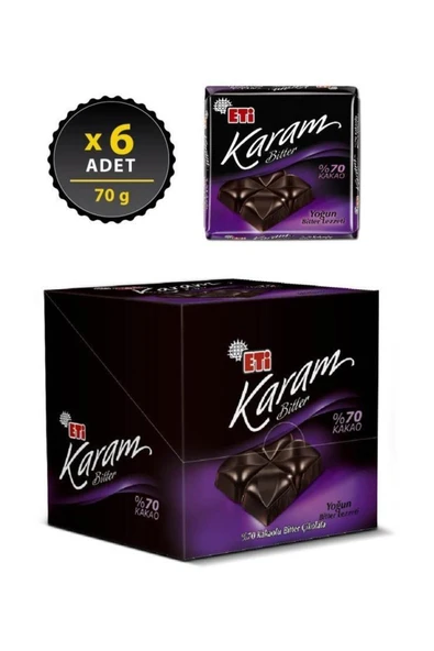Eti Karam %70 Kakaolu Bitter Çikolata 70 g x 6 Adet - 2