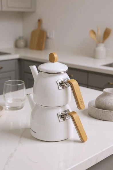 Sultan - Bambu Kulplu Emaye Çaydanlık Takımı Beyaz - Resim 2