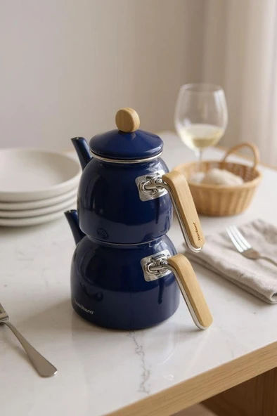 Sultan - Bambu Kulplu Emaye Çaydanlık Takımı Lacivert ürün görseli