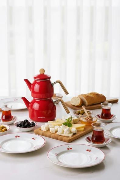 Sultan - Bambu Kulplu Emaye Çaydanlık Takımı Kırmızı - Resim 3