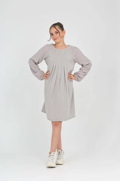 Toontoy Kız Çocuk Pile Detaylı Elbise - Resim 7