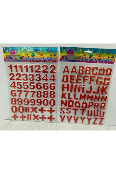 BONBON Rakam Ve Harfli A4 Boyut 2'li Sticker Kırmızı Farklı Renklerde