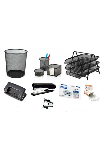 KRAF 8 Parça Ofis Seti  Evrak Rafı - Delgeç - Çöp Kovası - Daksil - Ataş - Zımba Seti ürün görseli