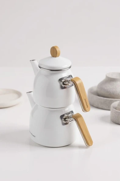 Sultan - Bambu Kulplu Emaye Çaydanlık Takımı Beyaz ürün görseli