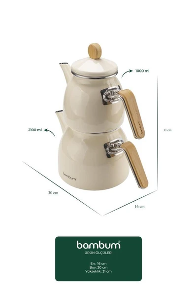 Sultan - Bambu Kulplu Emaye Çaydanlık Takımı Krem - Resim 3