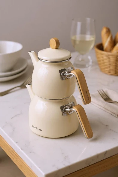 Sultan - Bambu Kulplu Emaye Çaydanlık Takımı Krem - Resim 2