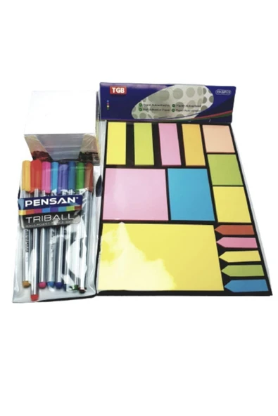Pensan Küp Not Kağıdı+ Tgb A-4 Yapışkanlı Not Kağıdı Belirteç Postit+ Triball Tükenmez Kalem Renkli ürün görseli 1