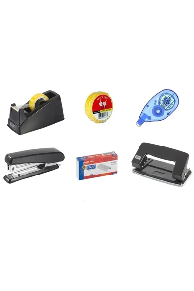 KRAF 6 Parça Ofis Kırtasiye Seti + Delgeç - Bant Kesici - Daksil - Bant - Zımba Seti ürün görseli 1