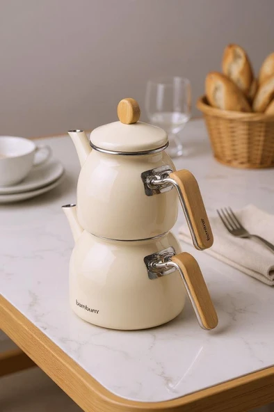 Sultan - Bambu Kulplu Çaydanlık Takımı Krem ürün görseli