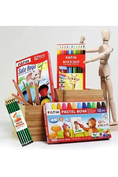 Fatih 4'lü Okul Seti - 12'li Mercanlı KurşunKalem + 12'li Kuru Boya + 12'li Pastel Boya + 12'li Sulu ürün görseli