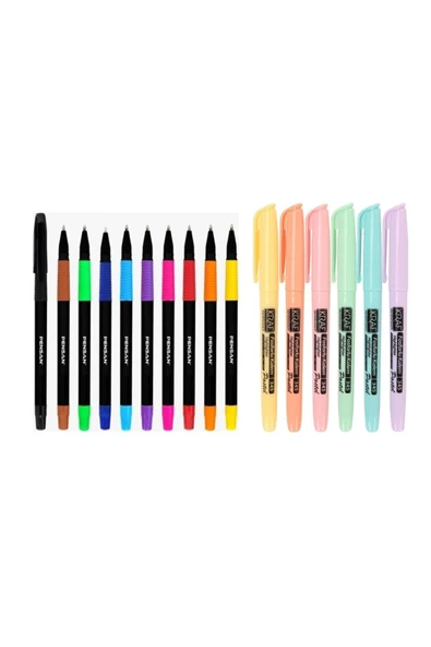 KRAF 6'lı Pastel Fosforlu Kalem + Pensan 10 Renk Tükenmez Kalem Seti - 1