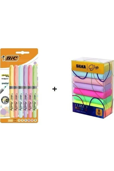 Bic 992561 Fosforlu Kalem Brite Liner Grip Pastel 6'lı + Silka Curved Rainbow Neon Pastel Silgi 8'li ürün görseli 1