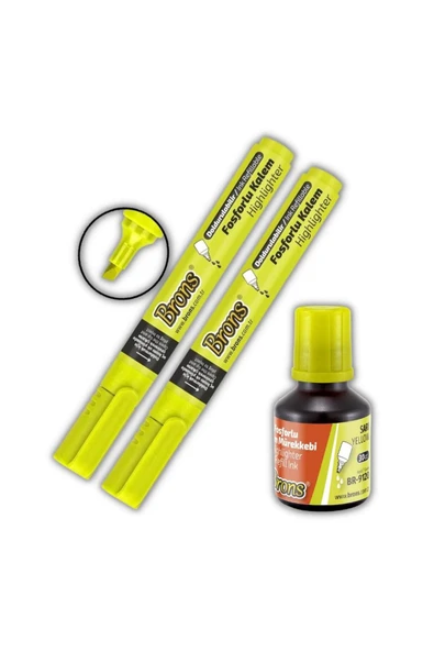 Brons Fosforlu Kalem Sarı Doldurulabilir 2 Adet ve Mürekkebi 30ml 1 Adet - 1