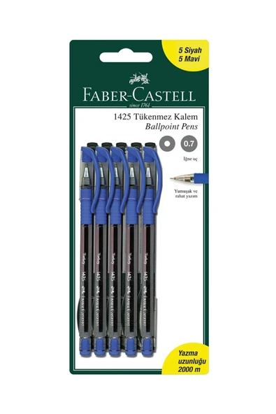Faber Castell 1425 Tükenmez Kalem 10'lu Set – 0.7 Mm Iğne Uç, Siyah & Mavi Renk ürün görseli 1