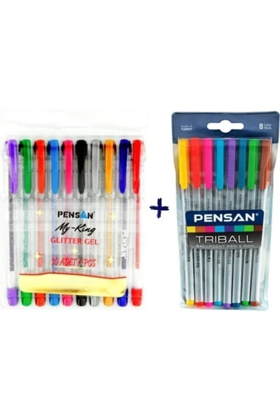 Pensan Triball 8'li Tükenmez Kalem + My King 10'lu Simli Jel Kalem ürün görseli 1