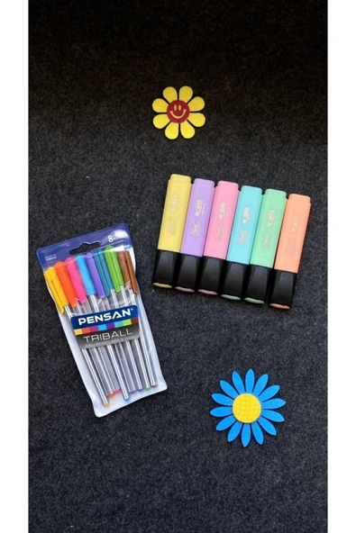 Pensan Triball Tükenmez Kalem 8 Renk + Masis Pastel Renk Fosforlu Işaretleme Kalemi 6 Lı Set - Resim 3
