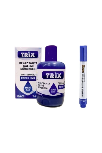 Brons Doldurulabilir Beyaz Yazı Tahtası Kalemi Ve 100 ml Mürekkebi - Mavi tkm ürün görseli 1