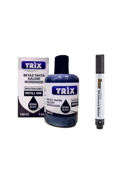 Brons Doldurulabilir Beyaz Yazı Tahtası Kalemi Trix Mürekkep 100 ml - Siyah tkm ürün görseli 1