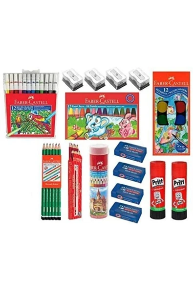 Faber Castell Okul - Kırtasiye 16 Parça Mega Set Boya + Kalem + Silgi + Açacak + Yapıştırıcı
