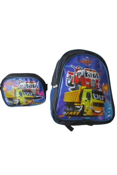 Mikro Erkek Çocuk Beslenmeli Okul Çantası - 3 Bölmeli Fermuarlı Okul Beslenme Çantası Kalemlik Hediyeli