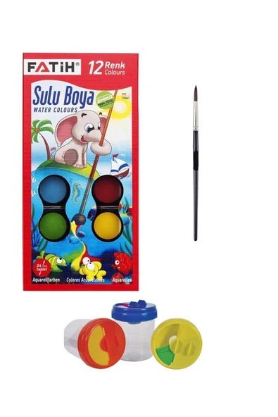 Fatih Sulu Boya 3'lü Set - 12'li Sulu Boya - Fırça - Su Kabı S.k ürün görseli 1