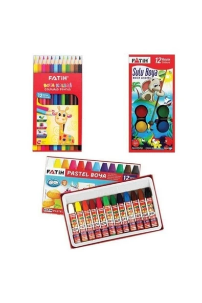 Fatih Okul 3 'lü Boya Seti -12'li Kuru Boya 12'li Pastel Boya 12'li Sulu Boya