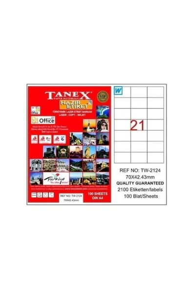 Tanex Lazer Etiket Tw-2124 100 A4 Sayfa Laser Etiket 70 X 42 Mm Boyutunda 1 A4 Sayfada 24 Etiket - 1