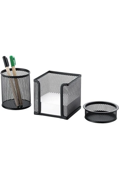Cassa 3"lü Masaüstü Set Siyah Tel Kalemlik, Ataşlık, Kağıtlık Fx - 1