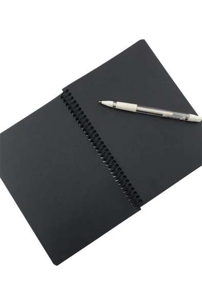 MEKAFİX Kapak Desenli Siyah Defter Siyah Yapraklı Defter - Siyah Sayfalı Defter Beyaz Jel Kalem Side - Resim 2