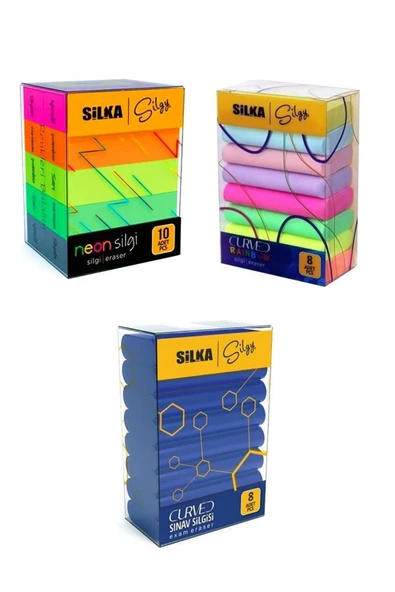 Silka 3 Lü Silgi Seti(8 Li Curved Sınav+ 8 Li Curved Rainbow+ 10 Lu Neon Silgi) ürün görseli 1