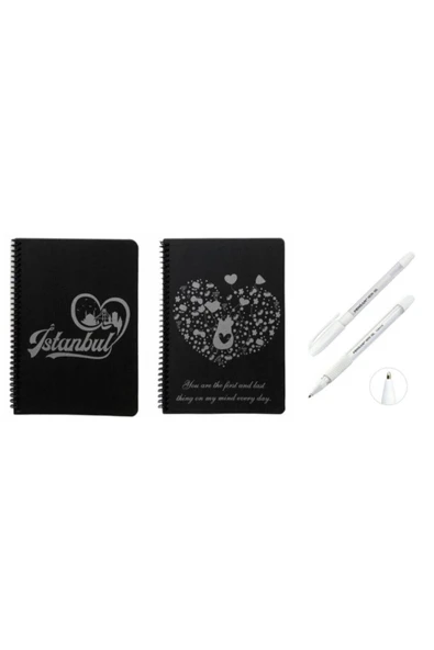 MEKAFİX 2 Adet Desenli Siyah Defter Siyah Yapraklı Defter - Siyah Sayfalı Defter 2 Adet Beyaz Jel Kalem Side ürün görseli